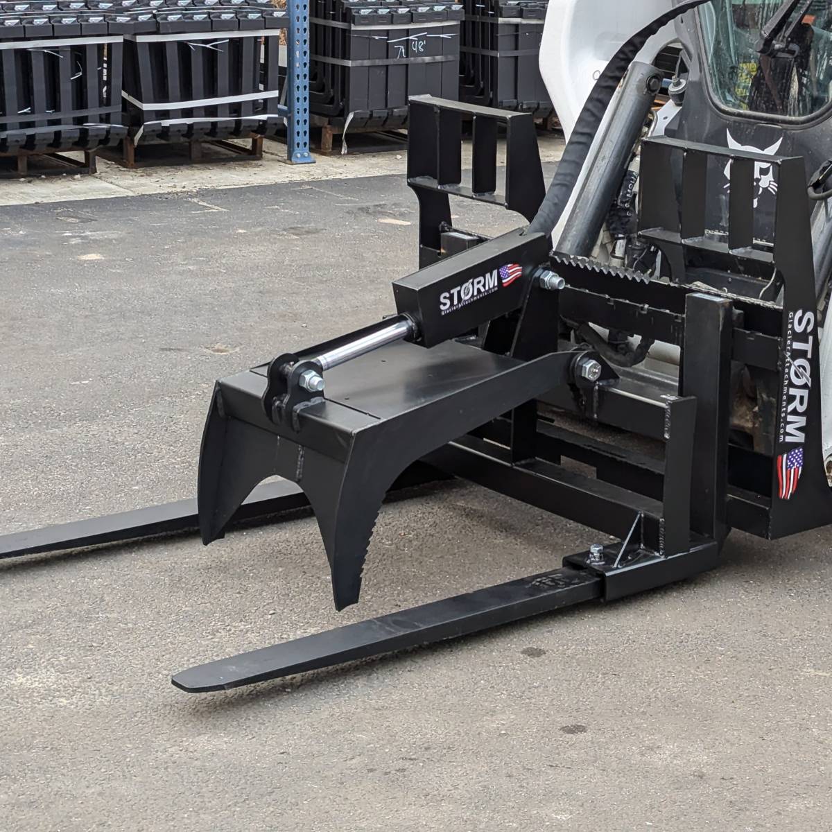 Storm Attachments Fork Grapple Attachment Left Side View Attached