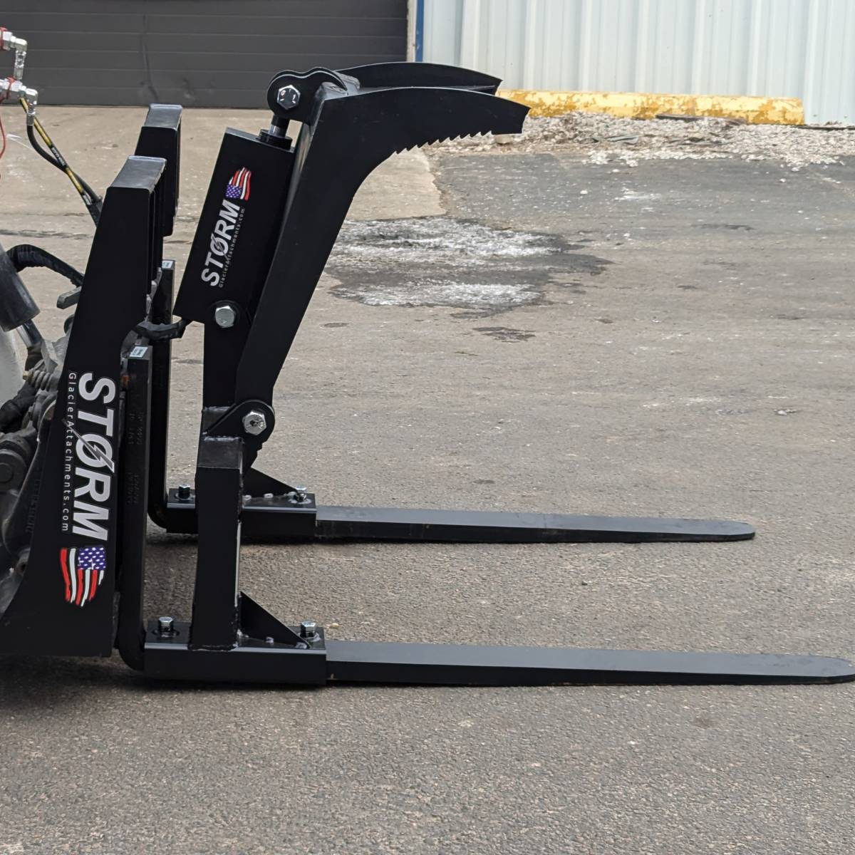 Storm Attachments Fork Grapple Attachment Right Side View Attached