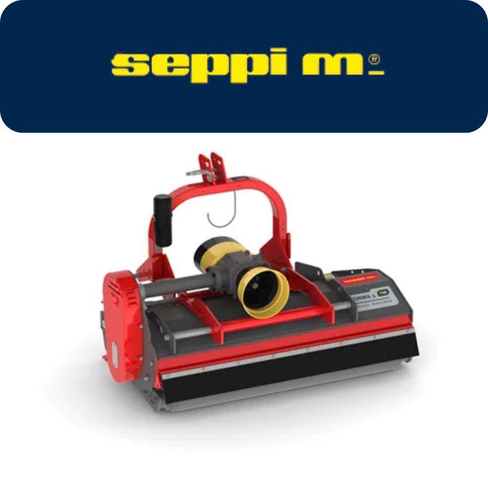 Seppi Mulchers Logo with the product in a white background