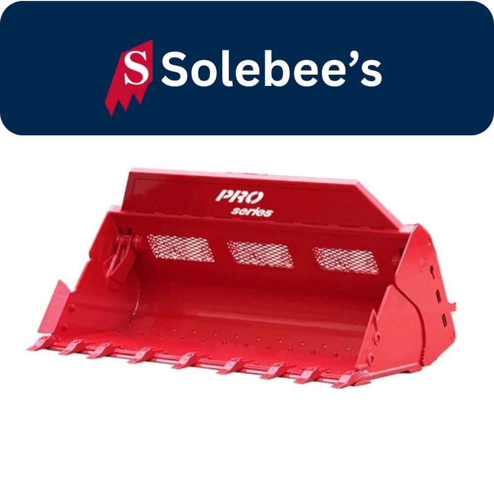 Red Solebee’s Pro Series skid steer bucket attachment with reinforced teeth and mesh screen for heavy-duty material handling.