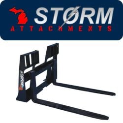 Storm Attachment Logo and Pallet Forks for a Skid Steer