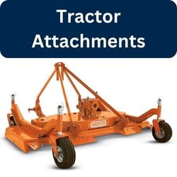 Tractor Attachments White Text on Blue Background with Orange Tractor Implement - Yard Patriots