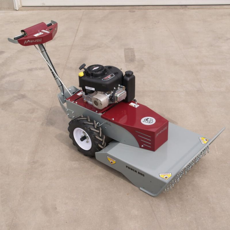 Ambush Brush Mower 26 In 10.5 HP, angled view, red and gray with large wheels and engine.