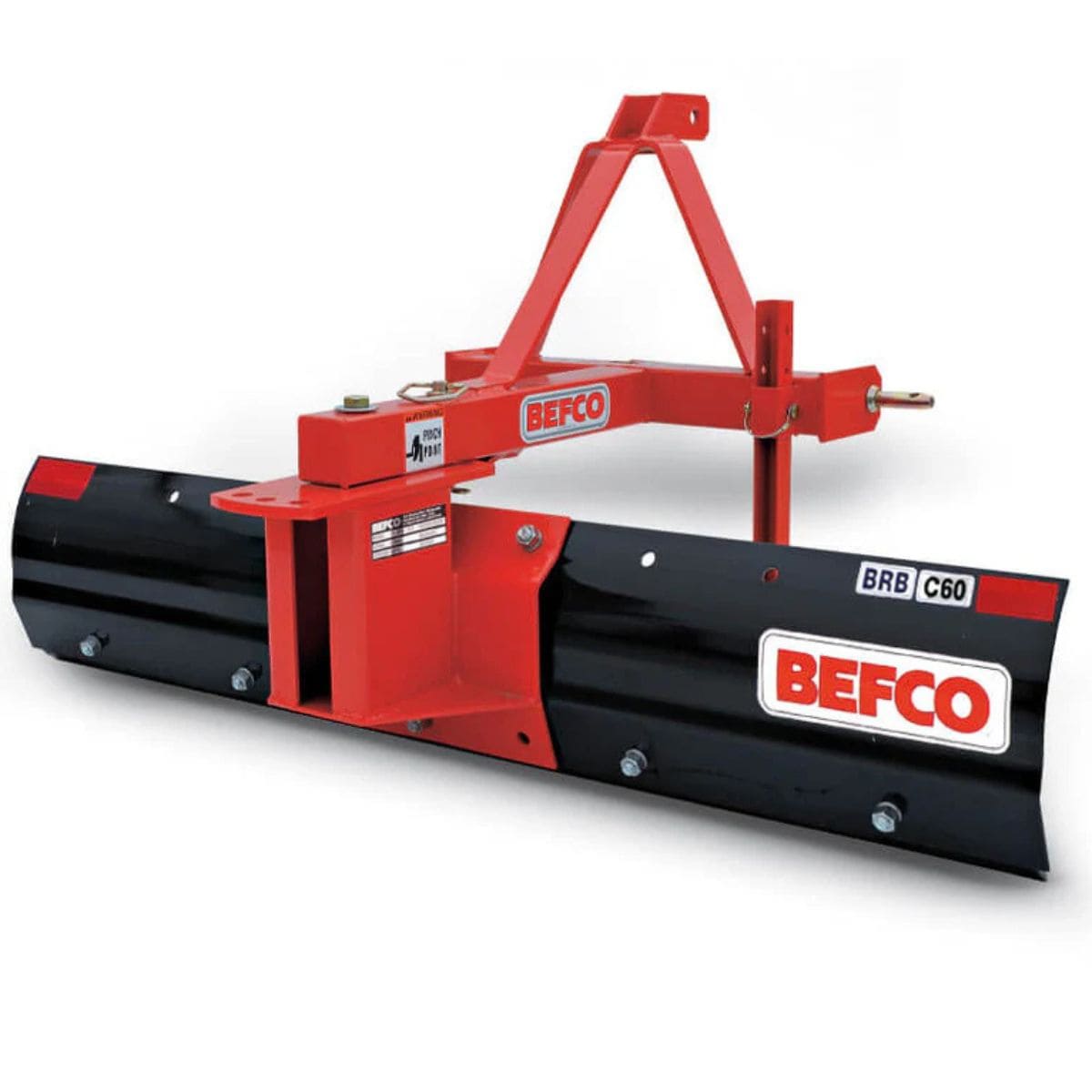 BEFCO 3 Point Rear Blade, red and black, angled view with adjustable mounting frame.