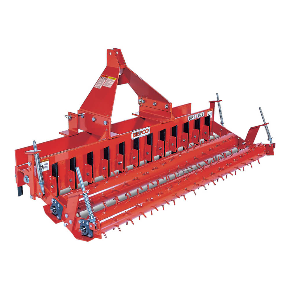 BEFCO 3 Point Soil Pulverizer in red, front view with multiple blades and adjustable features.