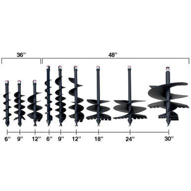 BEFCO Auger for Mole Post Hole Digger Model 224-531, black, showing various sizes from 6” to 30”.