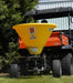 BEFCO Baby Hop Spreader yellow hopper, rear view, mounted on an orange utility vehicle.
