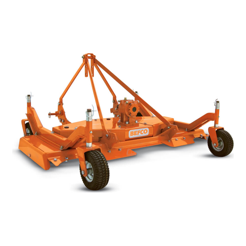 BEFCO Cyclone C30 Grooming Mower, orange, front view with wheels and adjustable height features.
