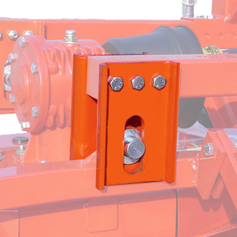 BEFCO Cyclone Flex Mower attachment bracket in orange, featuring bolts and a central pin.