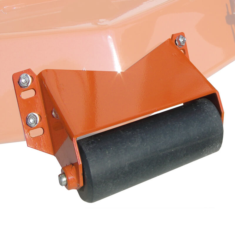 BEFCO Cyclone Flex Mower attachment detail, featuring an orange metal bracket and black roller.