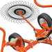 BEFCO Hay Rake angled view, red with large rake wheel and durable wheels.