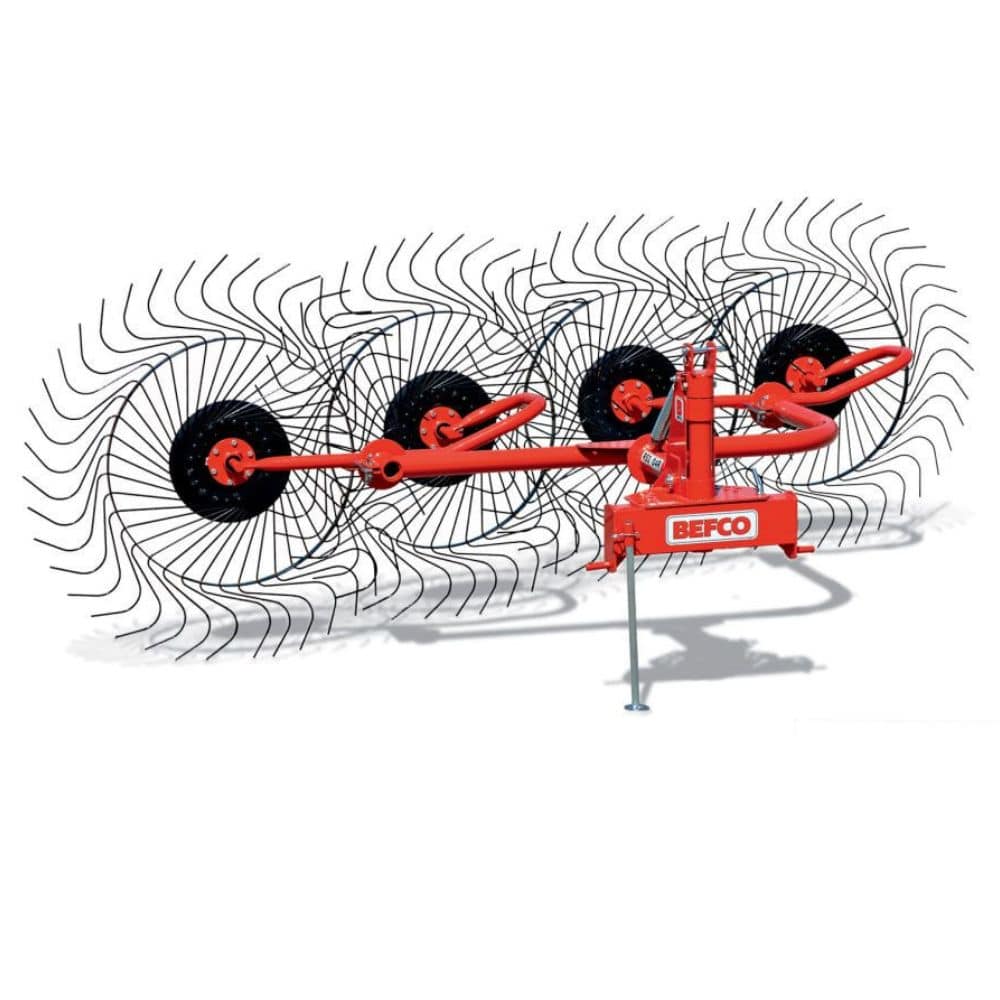 BEFCO RS2 Hay Rake angled view, featuring red frame and black raking wheels.