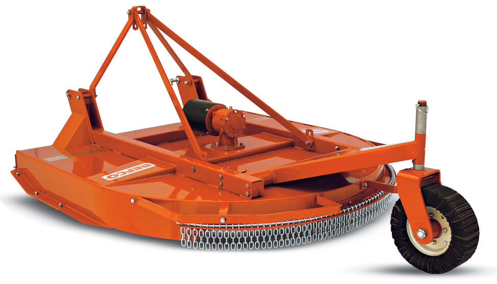 BEFCO Tornado RHD Rotary Cutter in vibrant orange, angled view with robust chain and wheel.