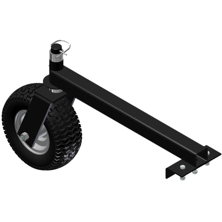 BEFCO Tractor Landscape Rake attachment, black with a large wheel and adjustable handle.