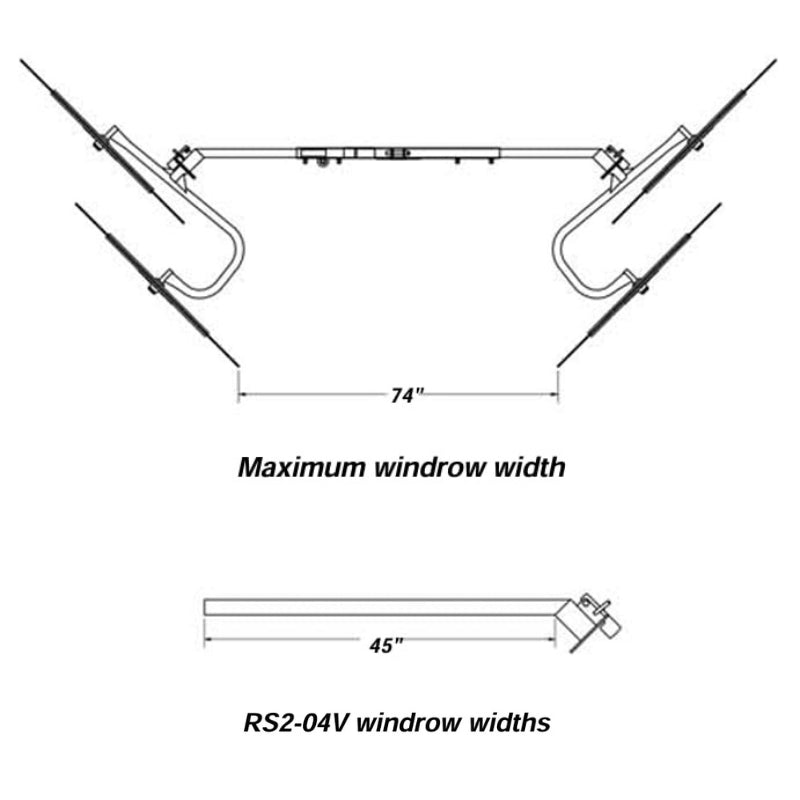 Diagram of BEFCO RS2-04V V-Type Wheel Rake showing 74-inch maximum windrow width