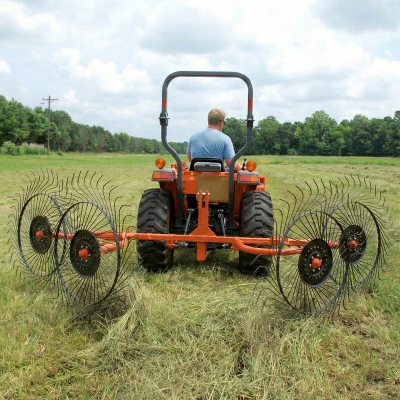 BEFCO RS2 V-Type Wheel Rake attached to tractor raking hay in the field.