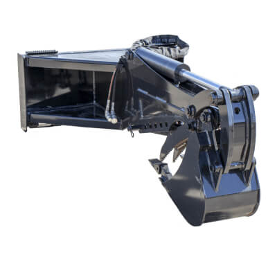 Backhoe for Skid Steer by Prime Attachments, angled view, black with hydraulic lines and bucket.