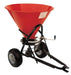 BEFCO Baby Hop Spreader, red hopper with black frame, wheels, and handle for easy maneuvering.