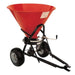 BEFCO Baby Hop Spreader, red hopper with black frame, wheels, and handle for easy maneuvering.