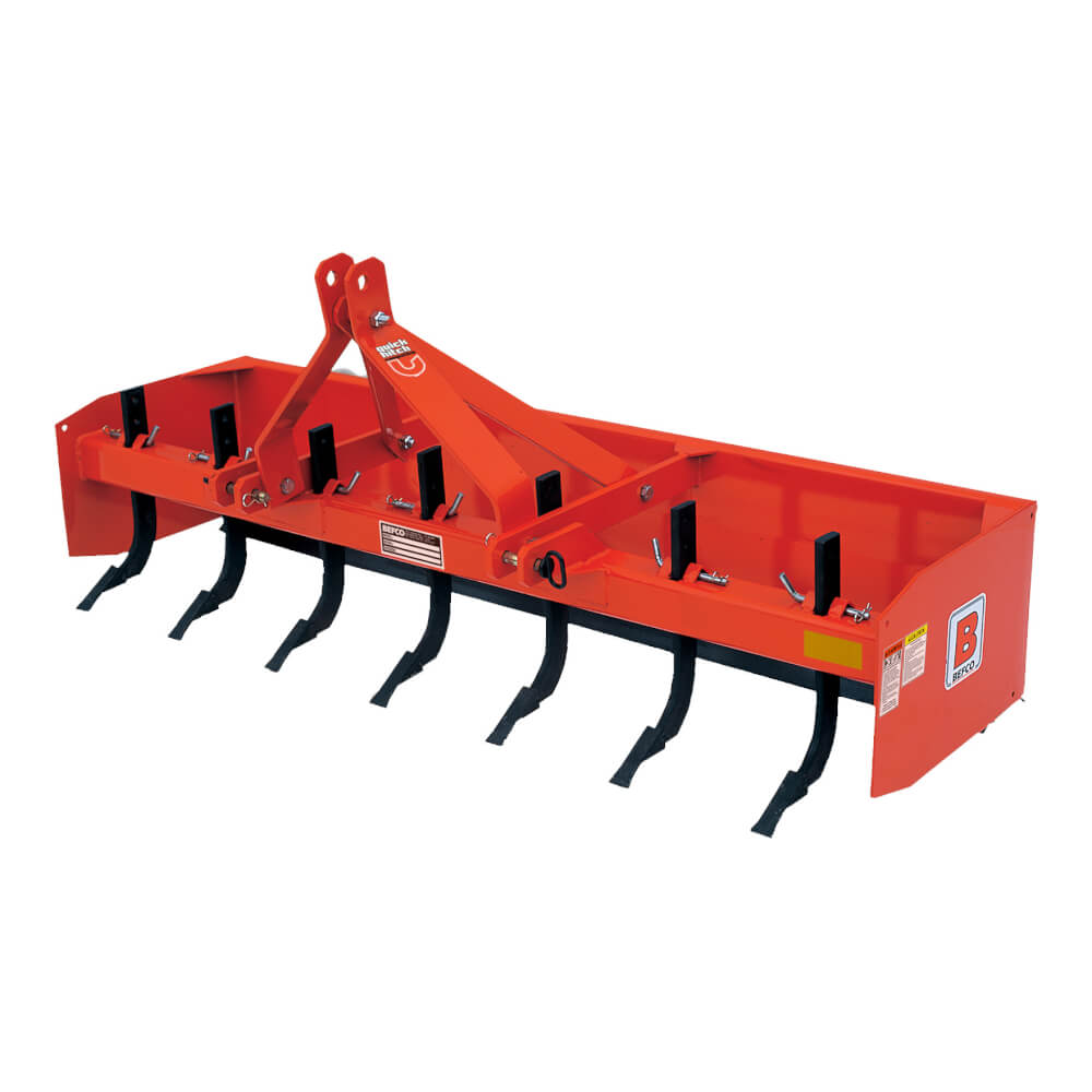 BEFCO Box Scraper for Tractor, orange, angled view with multiple tines and attachment points.