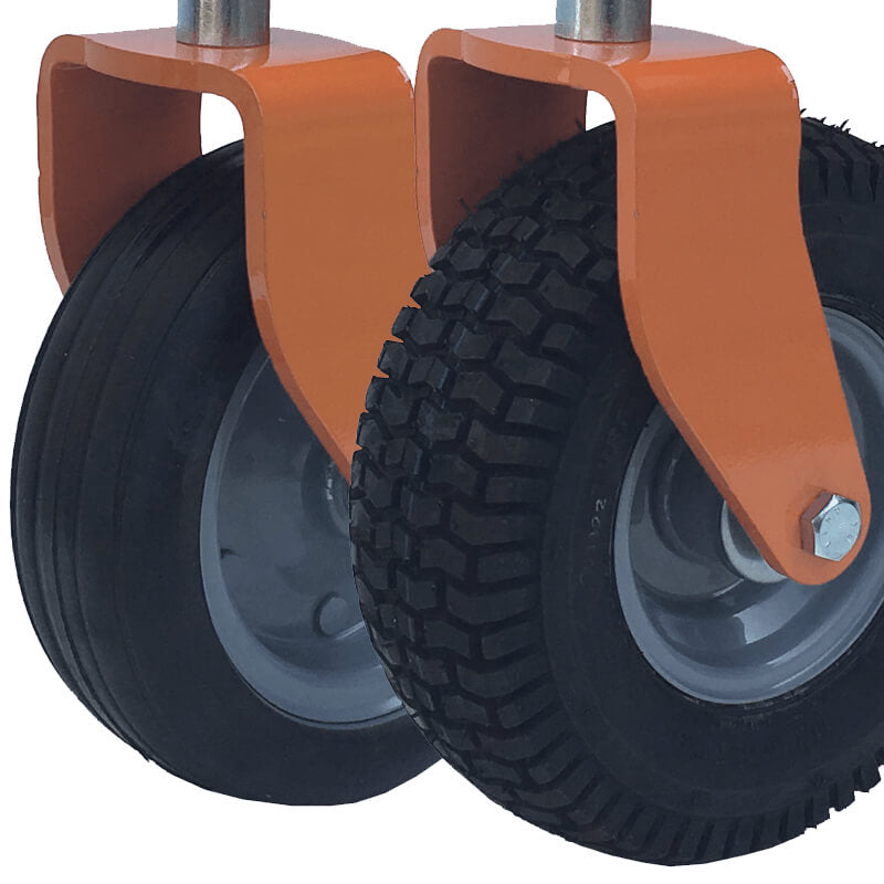 BEFCO C50 Grooming Mower wheels, durable black tires with orange metal brackets and sturdy construction.