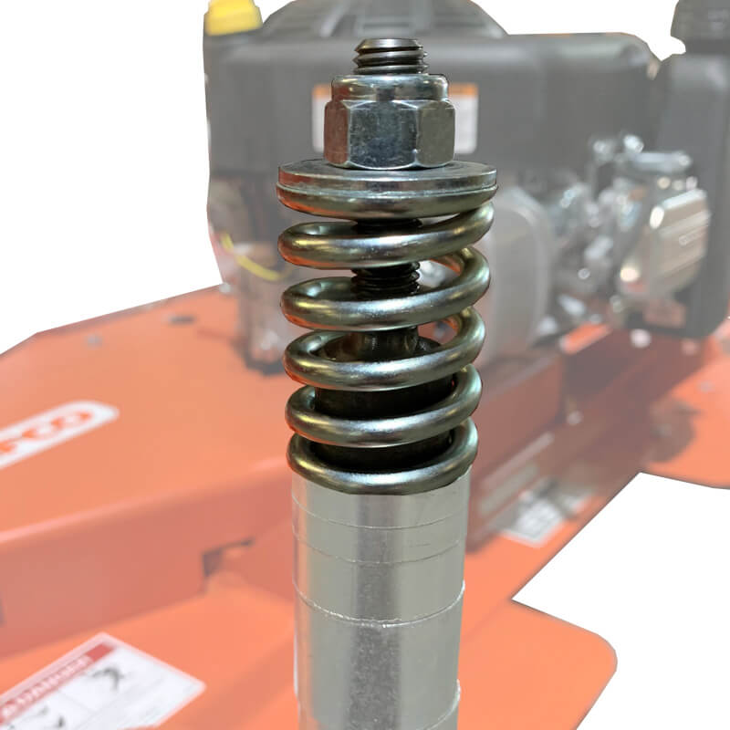 BEFCO Cyclone C30-CE5H Grooming Mower spring component close-up, metallic with an orange background.