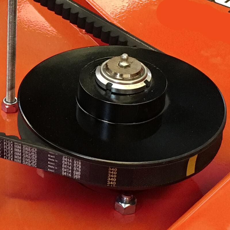 BEFCO Cyclone C30 Grooming Mower close-up of black cutting blade and pulley system.