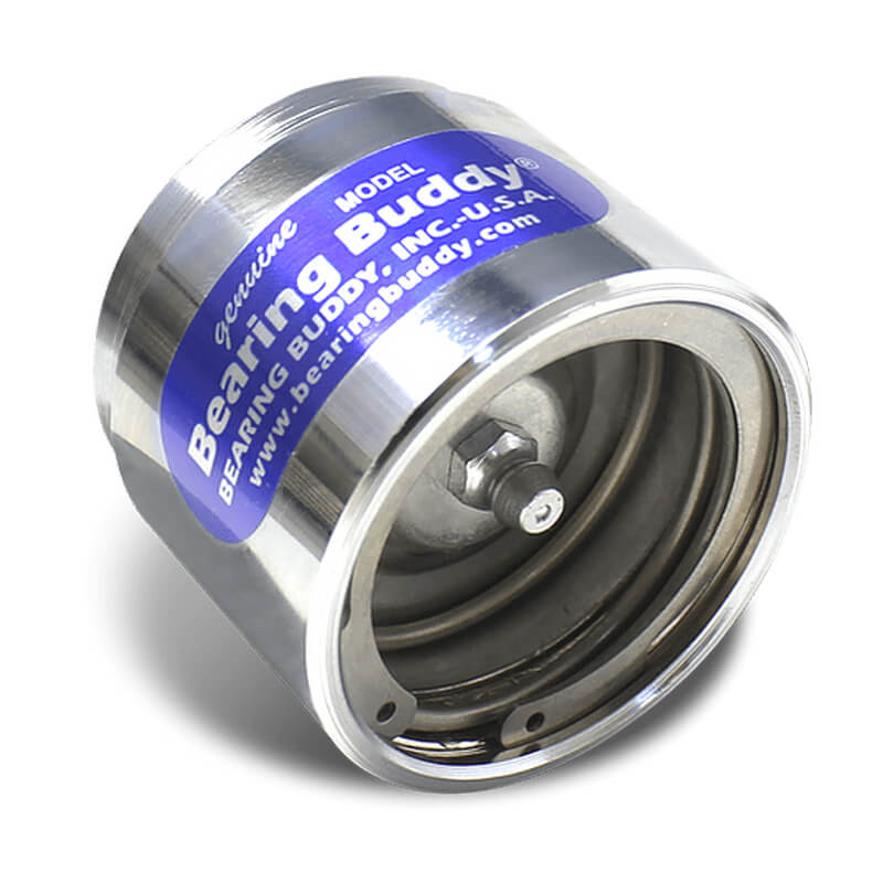 BEARING BUDDY stainless steel bearing protector, angled view with blue label and shiny finish.