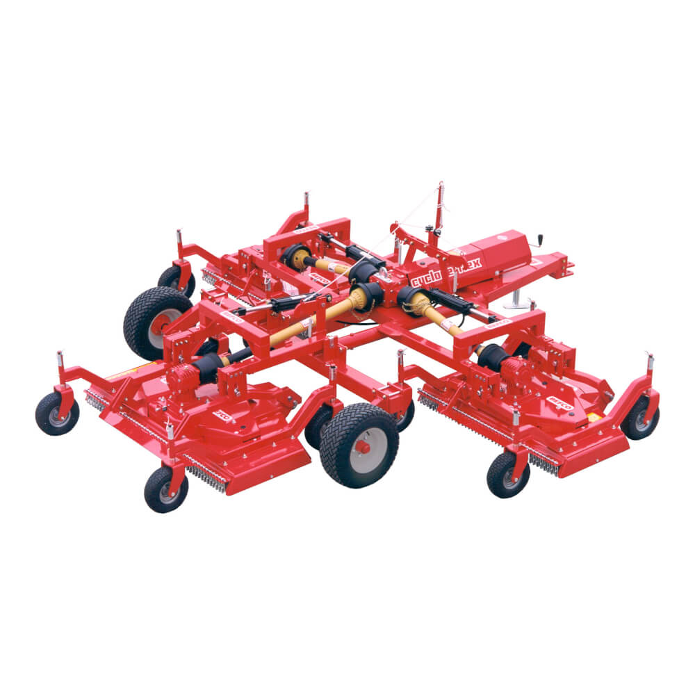 BEFCO Cyclone Flex Mower, bright red, front view with multiple blades and sturdy wheels.