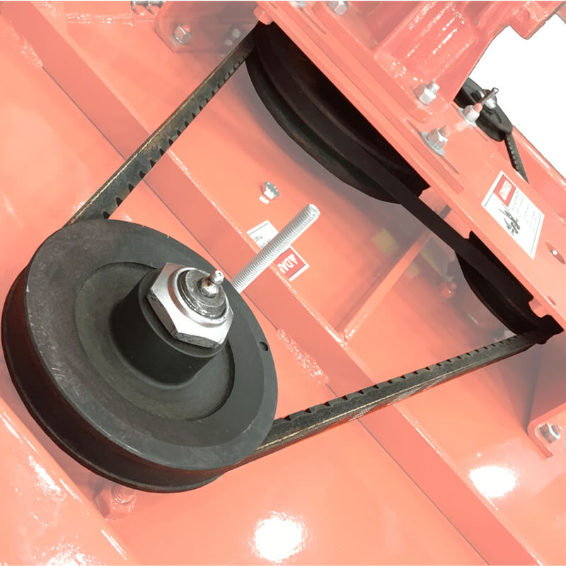 BEFCO Cyclone Super Flex Gang Grooming Mower close-up of drive pulley and belt system.