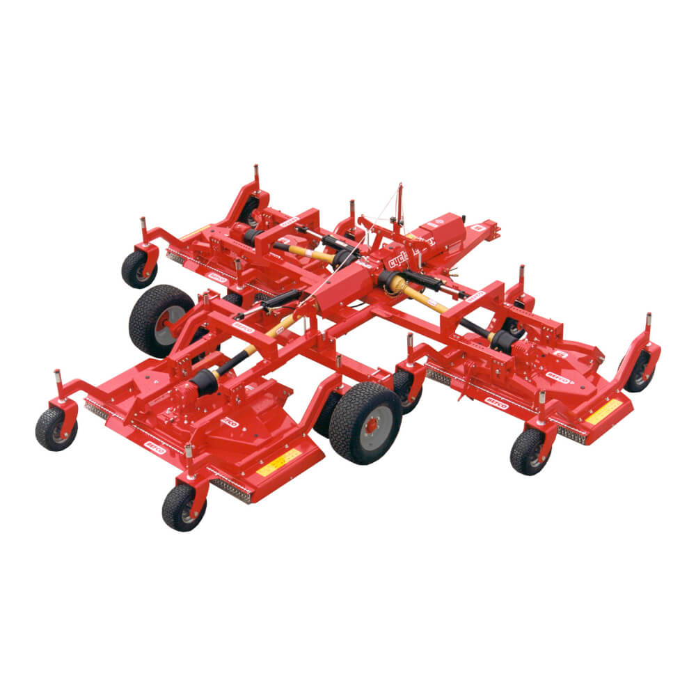 BEFCO Cyclone Super Flex Gang Grooming Mower in red, angled view with multiple adjustment features and wheels.