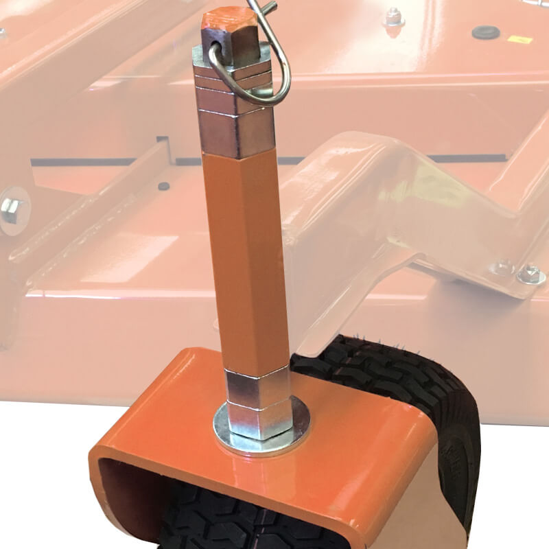 BEFCO Cyclone Super Flex Gang Grooming Mower wheel assembly in orange with metal pin and rubber tire.