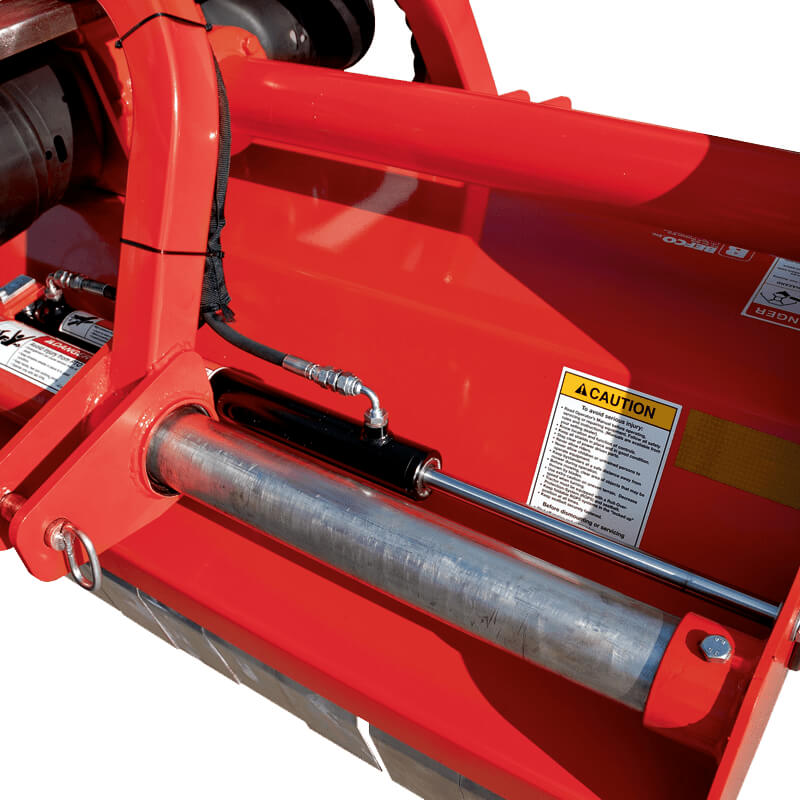 BEFCO Destroyer D90 Flail Shredder angled view, bright red with hydraulic components and caution label.