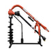 Befco Hook-Up Stand for Post Hole Diggers, orange and black, angled view with auger attachment.