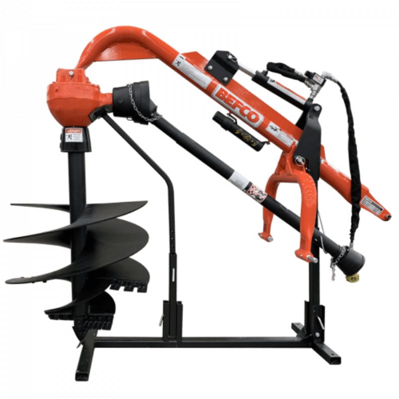 Befco Hook-Up Stand for Post Hole Diggers, orange and black, angled view with auger attachment.