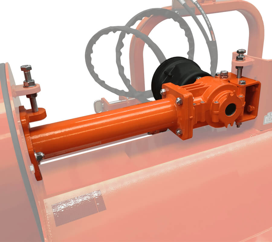 BEFCO Hurricane H40-S Flail Mower close-up view of orange attachment with hose and connected components.