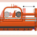 BEFCO Hurricane H40-S Flail Mower, orange, side view featuring wheels and cutting blades.