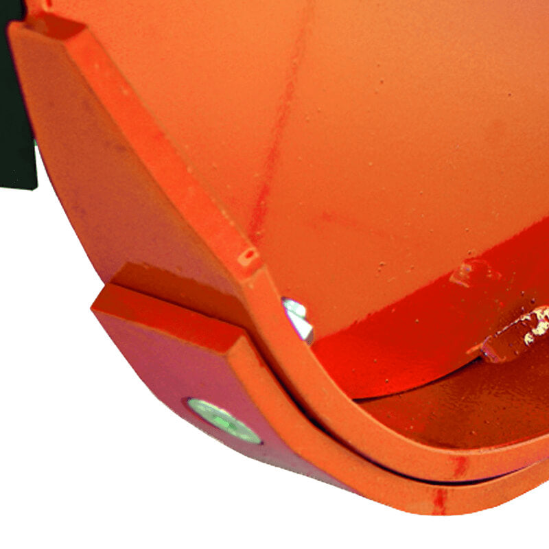 BEFCO Hurricane H70 Flail Mower angled view, featuring durable orange metal construction and sharp blades.