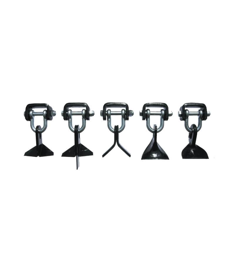 BEFCO Hurricane H70 Flail Mower attachment set, five black steel pieces in various shapes.