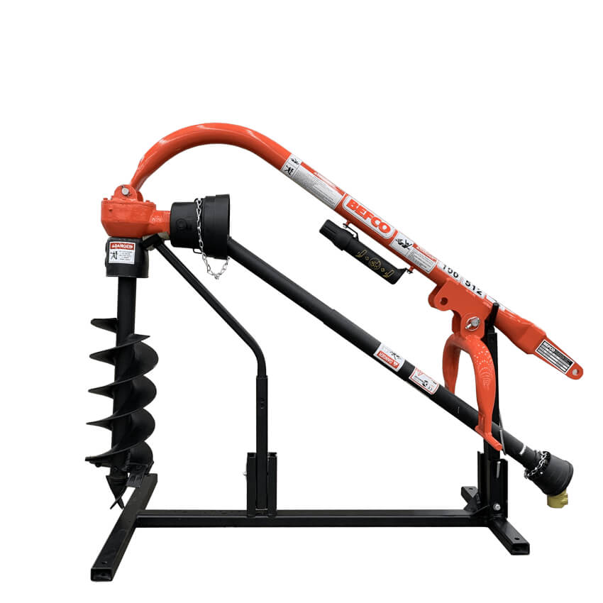 BEFCO PTO Post Hole Digger, orange and black, side view with auger and handle.