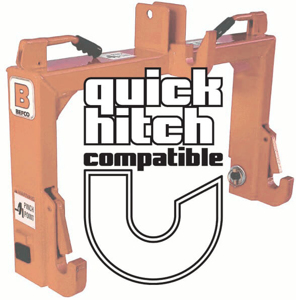 BEFCO T50 Rotary Tiller orange quick hitch attachment, featuring dual handles and pin points.