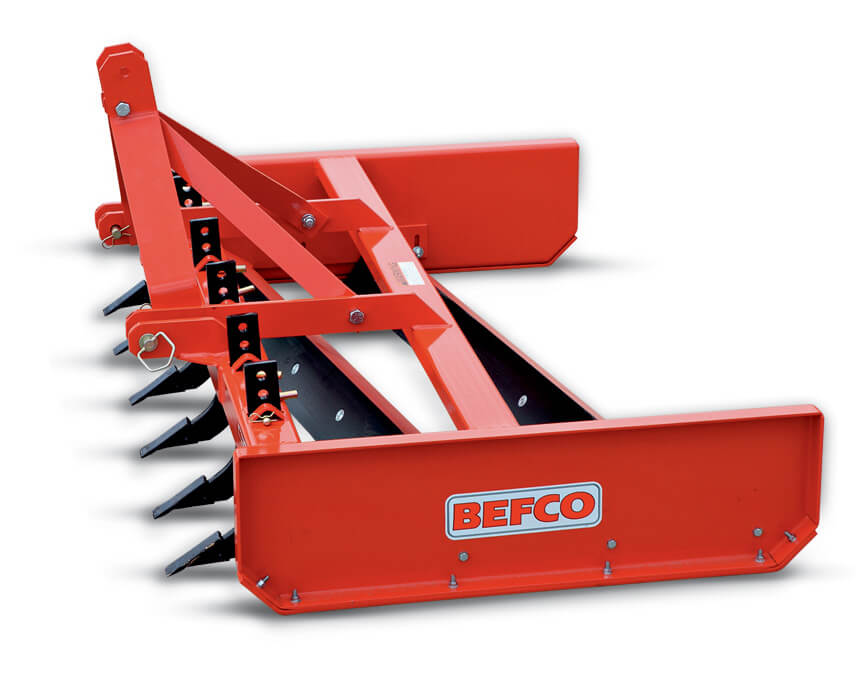 BEFCO Tractor Grading Scraper, angled view, bright orange with multiple grading blades and sturdy frame.