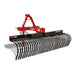 BEFCO Tractor Landscape Rake in red and black, front view with curved tines for soil leveling.