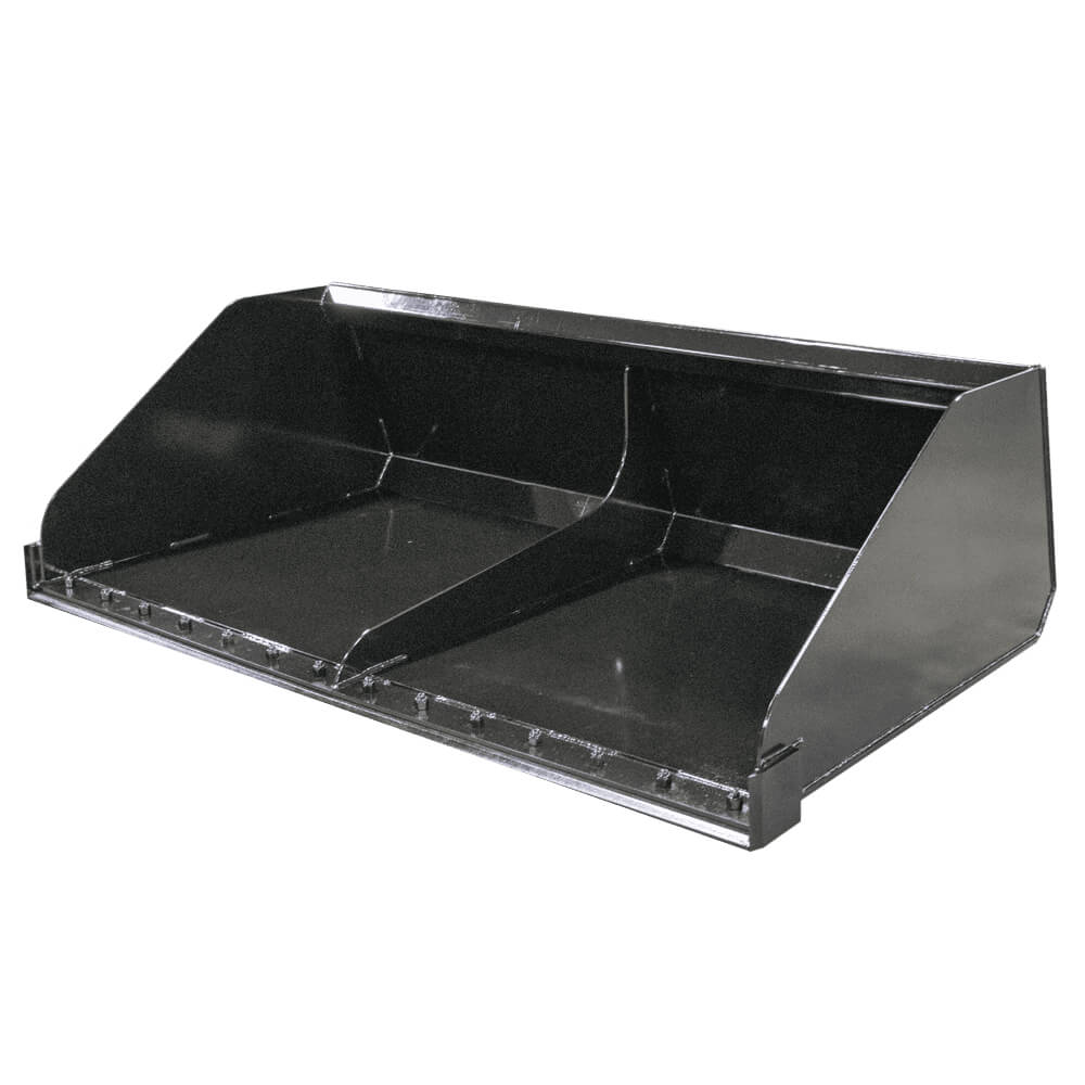 Commercial Skid Steer Snow Bucket by Prime Attachments, black, front view, durable construction.