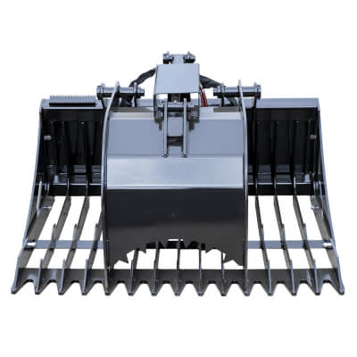 Cyclops Solo Grapple attachment, front view, heavy-duty black steel with serrated edges.