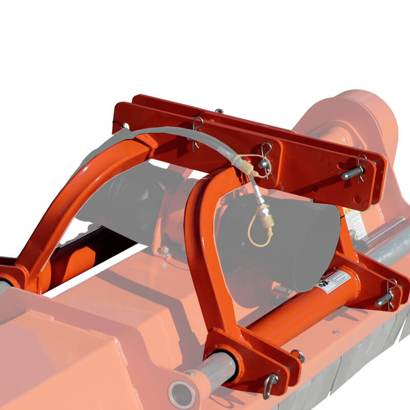 BEFCO Destroyer D90 Flail Shredder, orange, angled view with distinctive mounting arms and components.