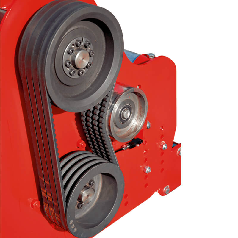 Destroyer D90 Flail Shredder by BEFCO, showing red housing with belt-driven pulleys.