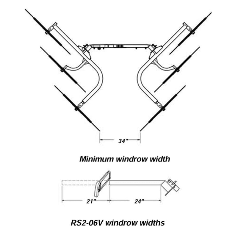 Diagram of BEFCO RS2-06V V-Type Wheel Rake showing 34-inch minimum windrow width.