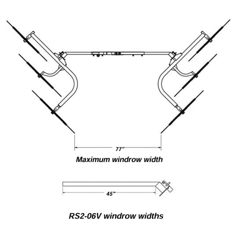 Diagram of BEFCO RS2-06V V-Type Wheel Rake showing 77-inch maximum windrow width.