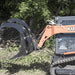 Dual Clamshell Grapple for Skid Steer - Prime Attachments, black and orange, side view with claw arms extended.
